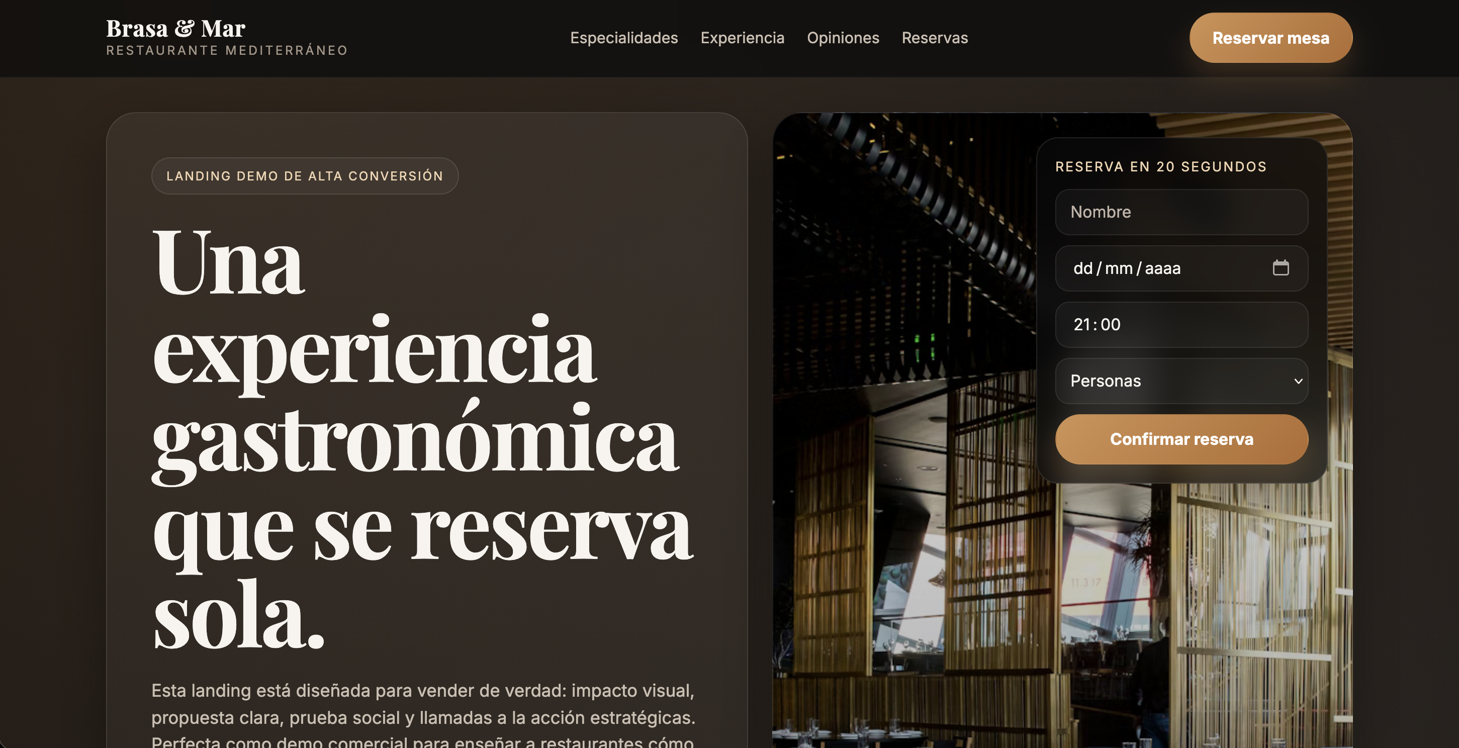 Landing Page para Restaurante Premium
Proyecto conceptual — Ariza Design